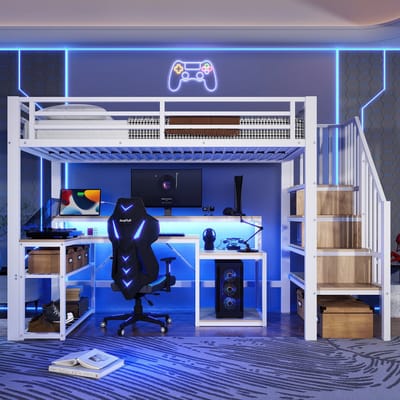 Sweiko Hoogslaper - 90 x 200 cm - Metalen frame - Opbergruimte - LED-verlichting - Met bureau - USB-poorten - Wit
