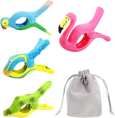 4-pack strandhanddoekclips met flanellen tas - kleurrijke en praktische clips voor strand en zwembad