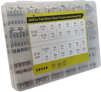 Glaszekeringen set 360 stuks F(snel) - 180x 5x20mm 0.5/20A - 180x 6x30mm 0.63A/25A - Assortimentdoos