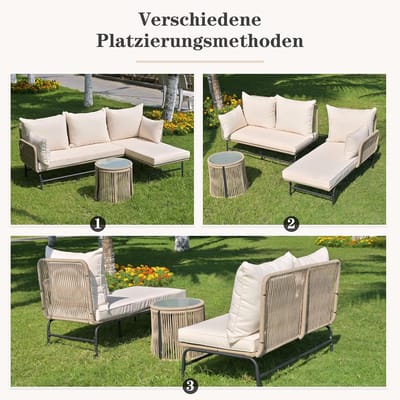 4-zits Tuin Loungeset met Salontafel L-vorm – Weerbestendig Touwvlechtwerk, Inclusief Dikke Kussens & Verstelbare Poten – Beige – Laura