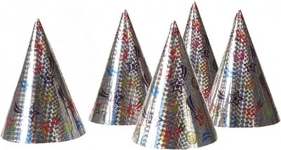 Boland Feesthoedjes - punthoedjes - van karton - set 5x stuks - holografisch - met elastiekje - verjaardag - kinderen en volwassenen