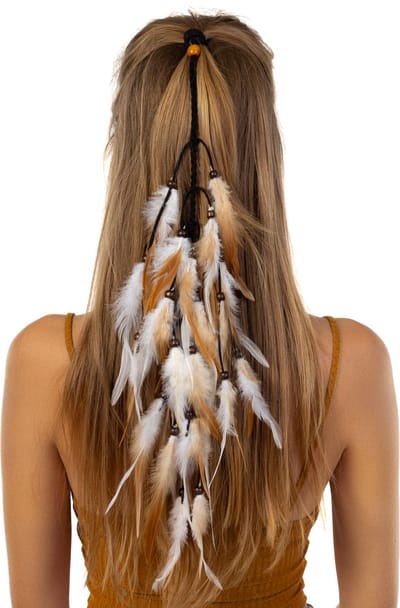 KIMU® Hoofdband Veren Wit Beige Bruin - Ibiza Hippie Indiaan Haarband - Veertjes Kraaltjes Vlecht Leer Haar Bohemian Boho Chic Coachella Festival
