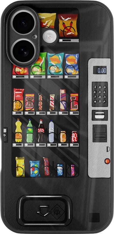 Casimoda® hoesje - Geschikt voor iPhone 16 - Snoepautomaat - Luxe Hard Case Zwart - Backcover telefoonhoesje - Multi