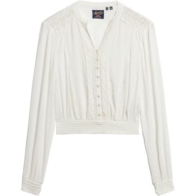 Superdry Blouse met Lange Mouwen, Smokwerk en Kanten Randen Crème Grootte: 40