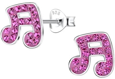 Joy|S - Zilveren muzieknoot oorbellen - 9 x 9 mm - roze kristal - muziek noot oorknoppen - sterling zilver 925