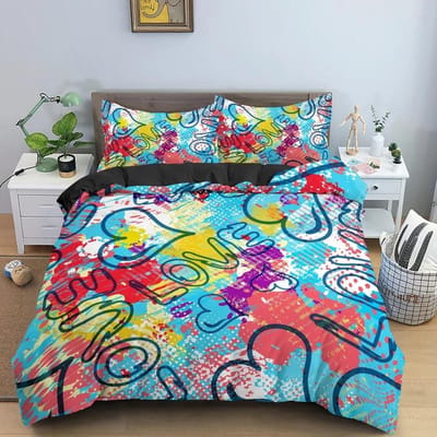 3D Cartoon Graffiti Beddengoedset Zachte Luxe Dekbed Dekbedovertrekset Slaapkamer Decor Koning Koningin Twin Eenpersoons Maat Beddengoed EU Double 200x200cm