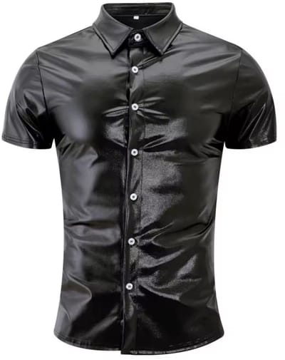 Glimmende Heren Blouse - korte Mouwen - Zwart - Overhemd - T-shirt - Glans