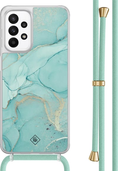 Casimoda® hoesje met mintgroen koord - Geschikt voor Samsung A23 - Marmer mint groen - Afneembaar koord - TPU/acryl - Mint