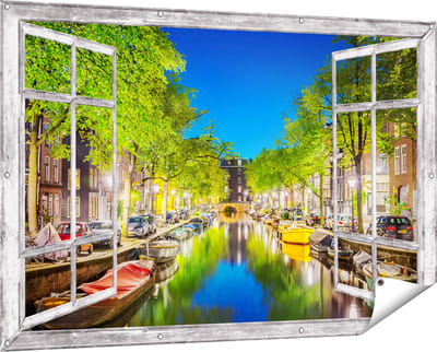 Gards Tuinposter Doorkijk Amsterdamse Gracht in de Nacht - 150x100 cm - Tuindoek - Tuindecoratie - Wanddecoratie buiten - Tuinschilderij