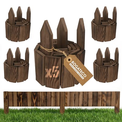 BOGATECO Set van 5 houten rolborders voor bedranden met houten latten | Oprolbaar hek 20 cm hoog en 112 cm lang | Houten hek | Staanders hekwerk, perfect als bedrand of padafbakening | Bruin