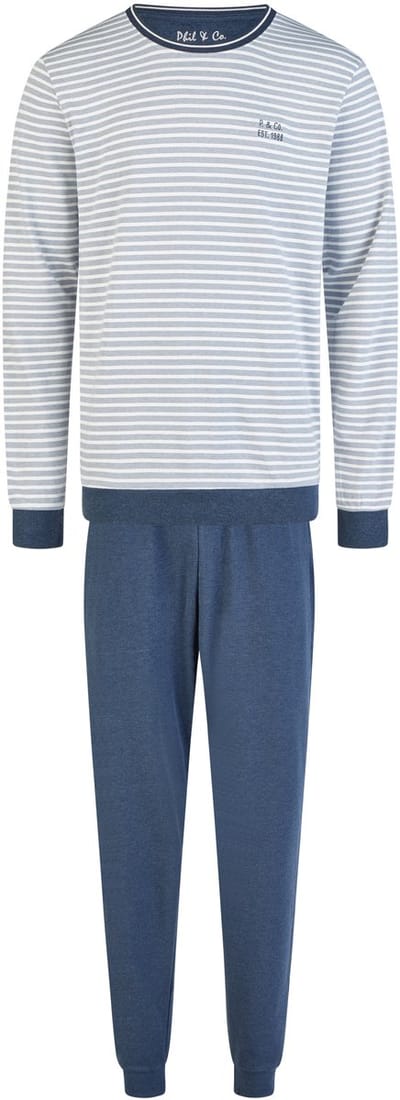 Phil & Co Heren Winter Pyjama Set Lang Interlock Blauw Gestreept - Maat L