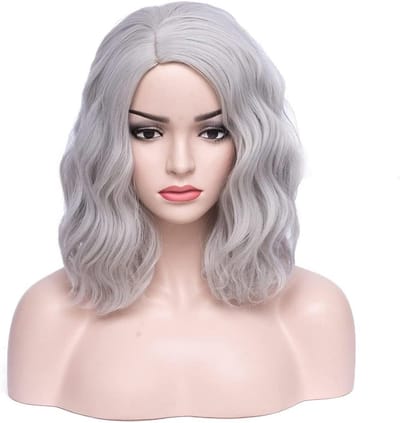 Korte Krullende Peruk voor Vrouwen en Meisjes - 14 Inch Zilverkleurige Bob Peruk voor Cosplay en Feestjes met Strandgolven