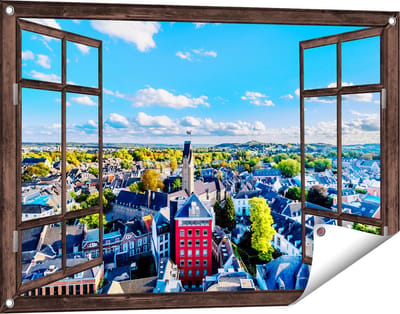 Gards Tuinposter Doorkijk Maastricht Stad met Huizen - 90x60 cm - Tuindoek - Tuindecoratie - Wanddecoratie buiten - Tuinschilderij