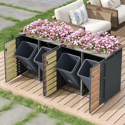 Wishdor - Afvalcontainerombouw - Vier Vakken - Afsluitbaar - Met Plantenbak - Voor Buiten - Staal - Grijs Houtlook