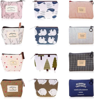 12 Stuks Canvas Mini Portemonnee, Kleine Zipper Portemonnee, Draagbare Make-up Tas en Muntzak voor Munten, Kaarten en Sleutels