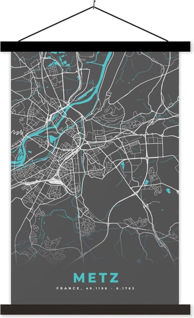 Posterhanger incl. Poster 40x60 cm - Schoolplaat - Metz - Frankrijk - Plattegrond - Kaart - Stadskaart - Textielposter - Zwarte latten - Stadskaart
