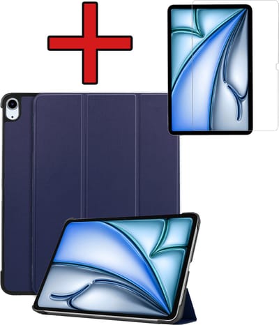 Hoesje - Geschikt voor Apple iPad Air (2024/2025/2026) - 11 inch - Met Screenprotector - Hardcover Book Case - Trifold Bookcase Hoes - Hard Cover - Tablethoes - Donkerblauw