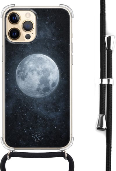 Hoesje met koord geschikt voor iPhone 12 Pro Max - Maan - Inclusief zwart koord - Crossbody beschermhoes - Transparant, Blauw - Mooie Telefoonhoesjes