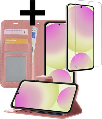 Hoesje - Met Screenprotector - Geschikt voor Samsung Galaxy S24 FE - Luxe Pasjeshouder - Bookcase Portemonee - Flip Case - Kunstleer Book Case - Flipcase - Book Cover - Walletcase - Portemonneehoes - Telefoonhoesjes - Rosé goud