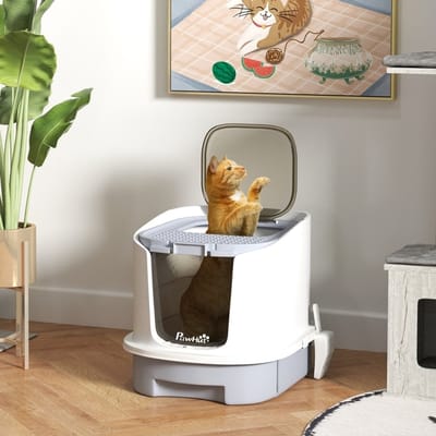 MEUNIQ gesloten kattenbak met deksel, boveningang en frontklep, uitneembare lade en schep, voor katten tot 4,5 kg, 40,5 x 52,5 x 42,5 cm, grijs