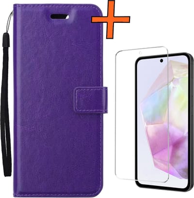 Hoes - Met Screenprotector - Geschikt voor Samsung Galaxy A35 - Luxe Pasjeshouder - Bookcase Portemonee - Flip Case - Kunstleer Book Case - Flipcase - Book Cover - Walletcase - PortemonneeHoes - Paars
