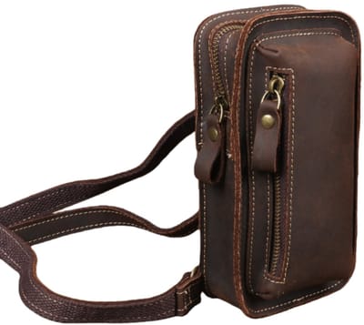 Heuptasje - Echt leer - Multifunctioneel - Klein crossbody telefoontasje voor buiten - 11*6*19 cm - Donkerbruin - 1 stuk
