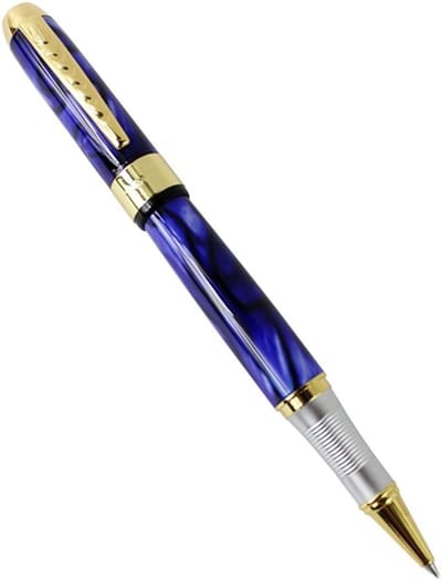 Elegante blauwe bloemen balpen met gouden gesp in geschenkdoos - Luxe pen set met originele pen tas