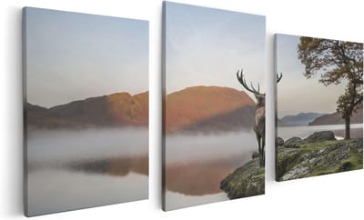 Artaza Canvas Schilderij Drieluik Hert Bij Een Meer - 120x60 - Foto Op Canvas - Canvas Print