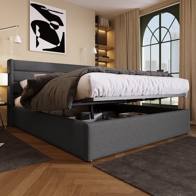 MEUNIQ gestoffeerd bed 140 x 200 cm met hydraulische opbergruimte, gewatteerd hoofdbord, linnen, grijs