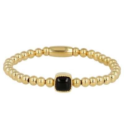 My Bendel - Elastische Damesarmband Goudkleurig Onyx Edelsteen - Goudkleurige Onyx Armband - Luxe Elastische Damesarmband - met Luxe Cadeauverpakking | Sieraden Voor Dames | Maat S