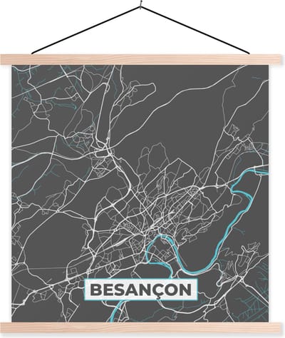 Posterhanger incl. Poster 40x40 cm - Schoolplaat - Besançon - Frankrijk - Plattegrond - Kaart - Stadskaart - Textielposter - Blanke latten - Stadskaart