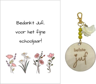 Sleutelhanger en kaartje JUF | geel | bloemen | jij bent de liefste | liefste juf | topjuf | einde schooljaar | cadeau