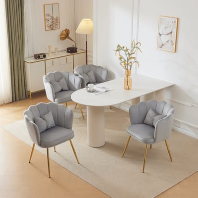MODENUIT Fauteuil - Bloemblaadjes Rug - Met Kussen en Metalen Poten - Voor Woonkamer en Eetkamer - Fluweel Grijs