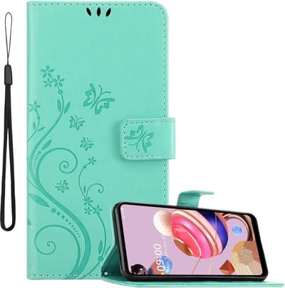 Cadorabo Hoesje geschikt voor LG K51S in BLOEMEN TURKOOIS - Beschermhoes in bloemmotief met magnetische sluiting, standfunctie en kaartsleuven Book Case Cover Etui