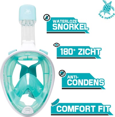 Sea Turtle Snorkelmasker - Snorkel - Duikbril - Snorkelset - Full Face Masker - Volwassenen - Wit/Turquoise - S/M