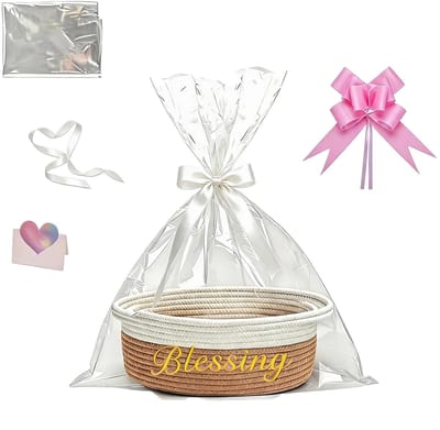 Mand, leeg, opbergmand, gevlochten mand met geschenkzakjes en linten, geschenkmand, leeg voor verjaardag, bruiloft, Thanksgiving, Kerstmis, kaki en wit