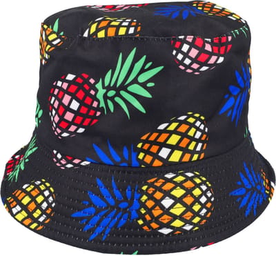 Haarsoires Bucket Hat Hoedje – Ananas Print - Omkeerbaar – One Size – Multicolor Zwart - Vissershoedje - voor Dames & Heren