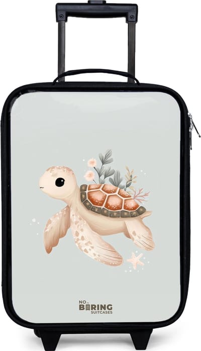 NoBoringSuitcases.com® - Kinderkoffer jongen - Kindertrolley meisje - Bruine zeeschildpad in pastel onderwaterwereld - Koffer kind lichtgewicht - Reiskoffer trolley voor kinderen - Koffertje met lichtgevende wieltjes - Rolkoffer zwart