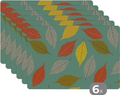 Placemat - Placemats kunststof - Bladeren - Herfst - Vintage - Pastel - Patroon - 45x30 cm - 6 stuks - Hittebestendig - Anti-Slip - Onderlegger - Afneembaar