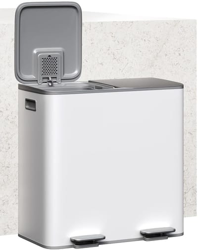 80L Keuken Afvalemmer - RVS Dubbele Afvalemmer met 2 Vakken - Soft-Close Deksel - Vingerafdrukbestendig - Wit/Grijs