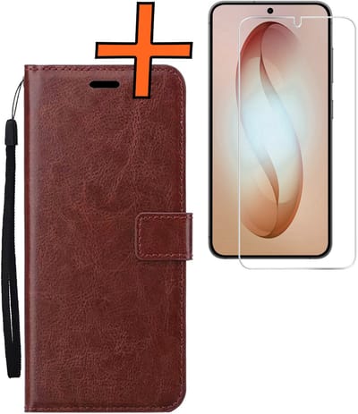 Hoes - Met Screenprotector - Geschikt voor Samsung Galaxy S26 - Luxe Pasjeshouder - Bookcase Portemonee - Flip Case - Kunstleer Book Case - Flipcase - Book Cover - Walletcase - PortemonneeHoes - Bruin
