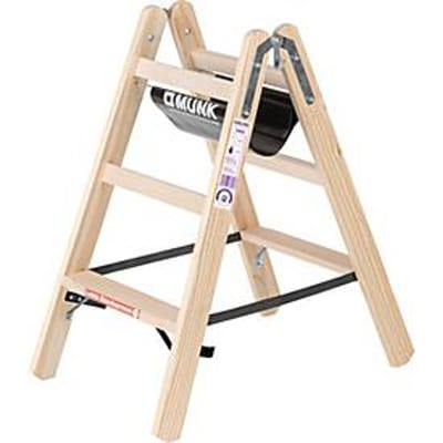 Munk® houten trap, naaldhout/beuken, 80 mm geribbeld, hoefijzerscharnieren, 150 kg, emmerhaak, textiel gordelspreider veiligheidsvoorziening, 6 treden
