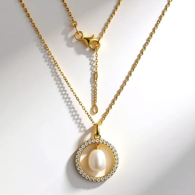 Cavill - Elegante Verstelbare 925 Sterling Zilver Halsketting - 18K Goud Verguld - 10x8mm Witte Zoetwaterparel - 0,55ct Zirkonia's