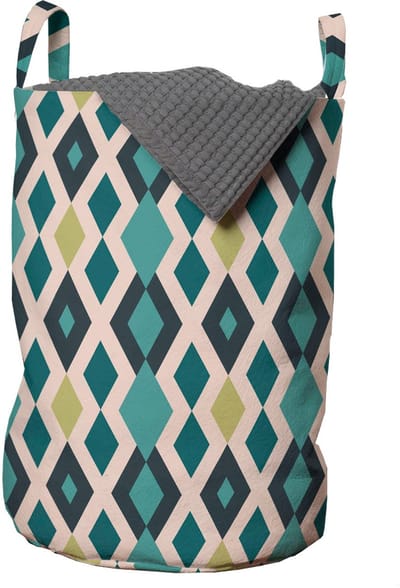 ABAKUHAUS Geometrische waszak, zigzag en diamanten, wasmand met handvatten en trekkoord voor wasserettes, turquoise blush en kaki
