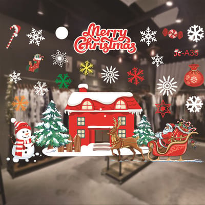 Kerst Raamstickers met Kerstman ,kerstbomen en sneeuwpop - Herbruikbaar & Statisch Hechtend - 50x35.5 cm