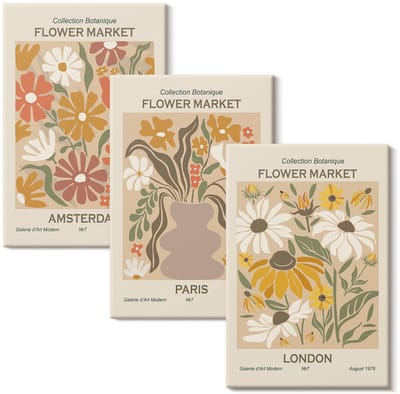 Wallfluent Set van canvas schilderijen - Bloemenpatronen uit Amsterdam, Parijs en Londen Canvas Schilderijen Set - set 3 stuks 20x30 cm - Geel Set van Canvas Prints - Natuur Canvas Kunst Set - Boheemse Canvas Kunst Set