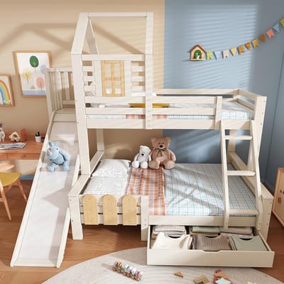 Pugsdrly Stapelbed 90 x 200 en 140 x 200 cm, huisbed met lade, glijbaan en ladder, hoogslaper voor kinderen met lattenbodem, hutontwerp, veiligheid EN747-1:2024 (zonder matras)