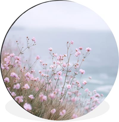 WallCircle - Wandcirkel - Muurcirkel - Klif - Bloemen - Zee - Roze - Aluminium - Dibond - 30x30 cm - Binnen en Buiten