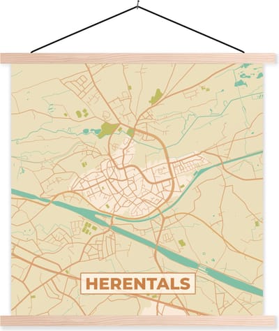 Posterhanger incl. Poster 40x40 cm - Schoolplaat - Vintage - Plattegrond - Herentals - Kaart - Stadskaart - Textielposter - Blanke latten - Stadskaart