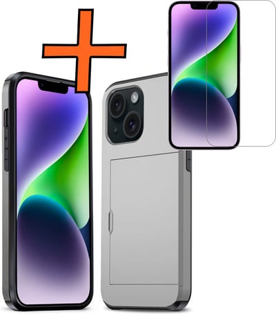 Hoesje Geschikt voor iPhone 14 Hoesje Pasjeshouder Shockproof Hard Case Met Screenprotector - Hoesje Geschikt voor iPhone 14 Hoes Met Kaarthouder - Grijs